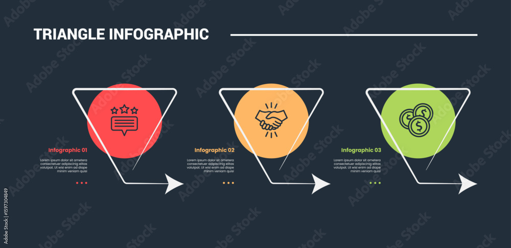 Poster triangle shape infographic process diagram with big circle and triangle line arrow shape with 3 poin