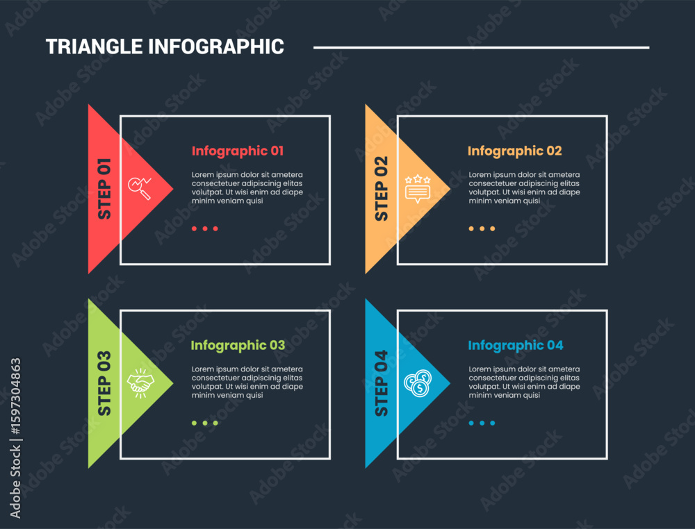 Poster triangle shape infographic process diagram with rectangle box with sharp arrow badge on left with 4 