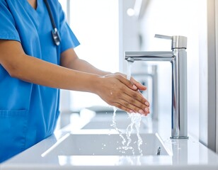 A shot of a surgeon's hands and forearms as they meticulously wash their hands. The focus is on the act of cleaning, representing hygiene and preparation.