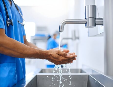 A shot of a surgeon's hands and forearms as they meticulously wash their hands. The focus is on the act of cleaning, representing hygiene and preparation. - Powered by Adobe