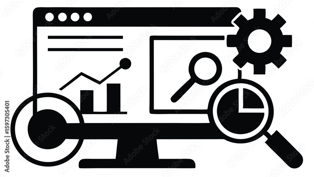 Poster flat vector illustration of seo analysis with charts and data visualization