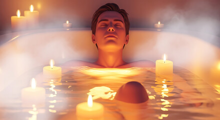 Serene young man relaxing in a luxurious, warm, candlelit bathtub for a moment of peaceful self-care