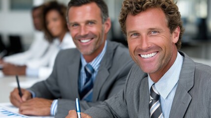 Fototapeta premium Two cheerful men in suits actively participate in a business meeting, taking notes and engaging with colleagues in a contemporary office during the day