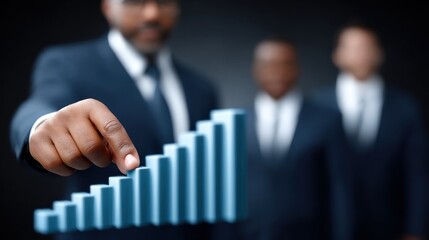 Three business professionals in suits focus on a rising graph, symbolizing growth in a corporate environment. atmosphere is serious as they strategize for future success