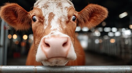 playful cow looks directly at the camera while standing in a barn filled with soft light. animals expressive eyes and the rustic setting highlight farm life in a rural area