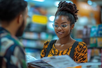Saleswoman assists customer with purchase while showcasing product information in a vibrant retail environment during the day