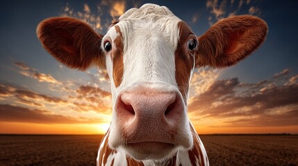 cow stands calmly in a field, looking directly at the viewer with wide eyes. sunset illuminates the sky, creating a beautiful backdrop of colors in a serene rural setting