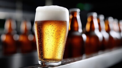 well-poured glass of cold beer sits on a bar counter, showcasing its golden color and frothy cap. Brown beer bottles are neatly arranged in the background, adding to the bar atmosphere