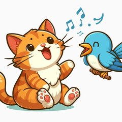 Cheerful cartoon cat and a blue bird are depicted in a friendly duet.  The image features vibrant colors and a simple style.