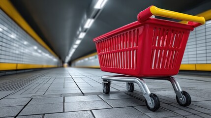 red shopping cart sits alone on a tiled floor in a subway tunnel. empty cart contrasts with the sleek, modern design of the surroundings, illuminated by overhead lights