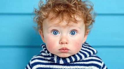 young child with curly hair and bright blue eyes looks directly at the viewer while wearing a comfortable striped sweater. vibrant blue background enhances the childs expressive features