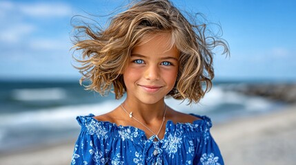 cheerful girl with curly hair and striking blue eyes stands on the beach, showcasing her bright smile. sandy shore and gentle waves form a picturesque setting on a sunny day