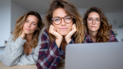 Three women with wavy hair and glasses are engaged in focused work at a modern indoor location. They are dressed casually and leaning on a table with a laptop in front of them