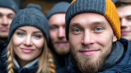 group of five friends is gathered outdoors during winter, all wearing warm hats. They are smiling and enjoying each others company in a lively atmosphere filled with joy and camaraderie