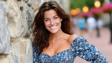 cheerful young woman stands against a rustic stone wall, wearing a floral off-the-shoulder dress
