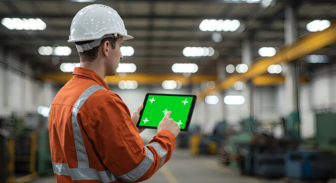 Factory Engineer Using Green Screen Tablet in Industrial Environment – Chroma Key Technology Footage