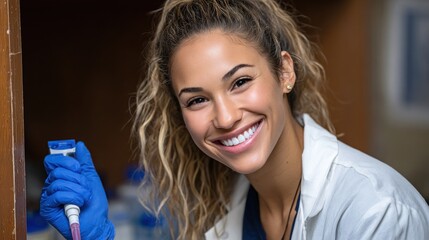 lab technician with curly hair smiles while holding a pipette, dressed in a white coat and blue gloves, surrounded by various lab equipment and containers in well-lit surroundings