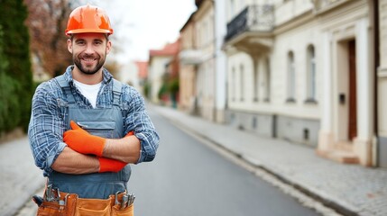 skilled worker stands proudly with crossed arms on a city street