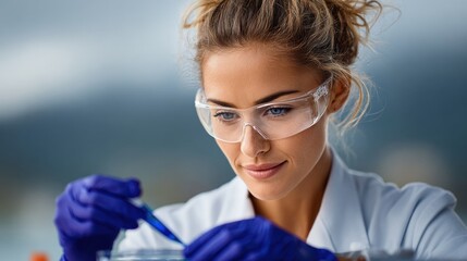 Researcher wearing safety goggles and gloves focuses intently on analyzing a test tube in a laboratory. Bright daylight enhances the clarity of her meticulous work