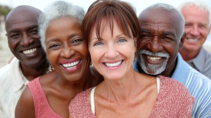 diverse group of five seniors stands together on the beach, sharing joyful smiles and laughter. Their expressions reflect happiness and connection as they enjoy the sunny afternoon together