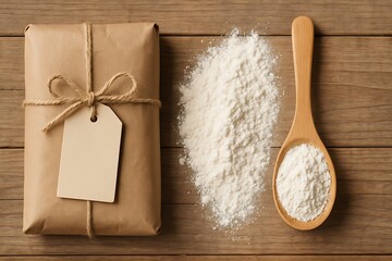 Rustic Kitchen Essentials with Kraft Packaging and Flour Flat Lay