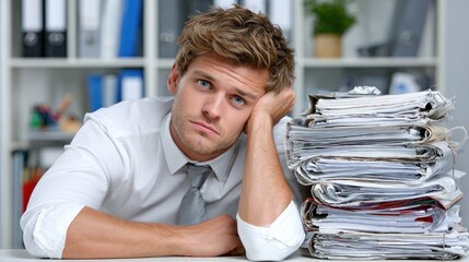 stressed young man sits at his office desk, resting his head on his hand while surrounded by stacks of paperwork. atmosphere reflects the challenges of modern work life and deadlines