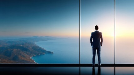 man dressed in a formal suit stands near a floor-to-ceiling window, admiring the breathtaking sunrise over the ocean and the distant shoreline of a coastal city