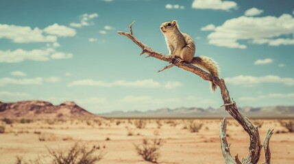 Desert Solitude: A Squirrel on a Dead Branch Against a Vast Sky