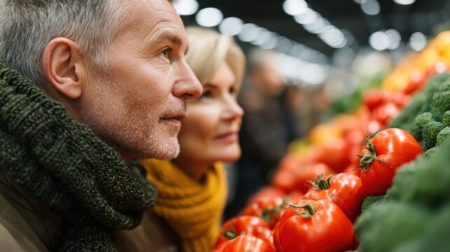 couple observes brightly colored tomatoes at a bustling market, showcasing their interest in fresh produce while surrounded by various vegetables and other shoppers