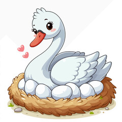 Obraz premium Cartoon illustration of a white swan sitting in a nest with several eggs. The swan appears cute and happy.
