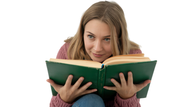 Young Woman Immersed in Reading a Book