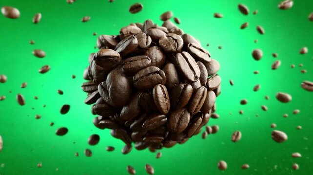Coffee bean Sphere on green background: An eye-level close-up captures a precisely arranged sphere composed entirely of freshly roasted coffee beans, presented against a rich, vibrant green backdrop.