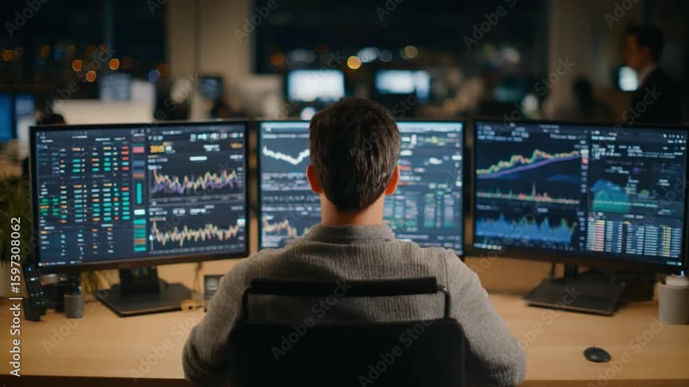 Poster market analyst: an analyst engrossed in market data, illuminated by multiple monitors showcasing int