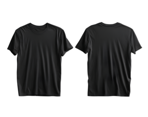 Black T-Shirt Front and Back Laid Flat Side-by-Side Mockup, Overhead View, Realistic Shadow Depth, Isolated on Transparent Background