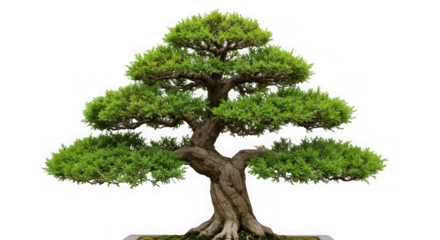 A healthy bonsai tree with a thick trunk isolated on transparent background