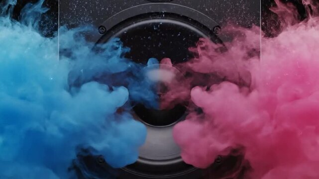 A powerful, high-energy visual of a large speaker pulsing to the beat of music against a black background. With each thump of the bass, vibrant clouds of color explode outward&mdash;blue on the left side.