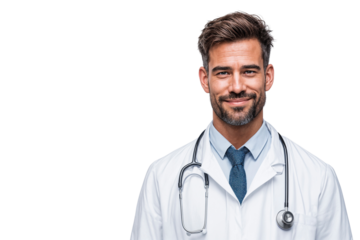 Smiling male doctor with a stethoscope, looking confidently at the camera, isolated on white background