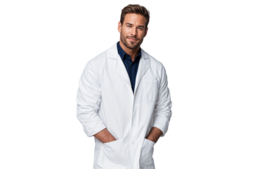 Smiling male scientist in a lab coat, hands in pockets, looking confident. Professional and intelligent in research