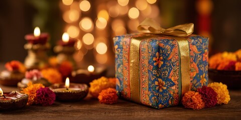 The beautifully wrapped gift surrounded by festive decorations and glowing candles.