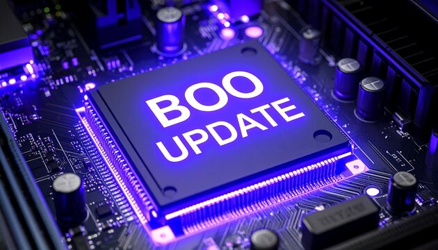 Computer chip with glowing text