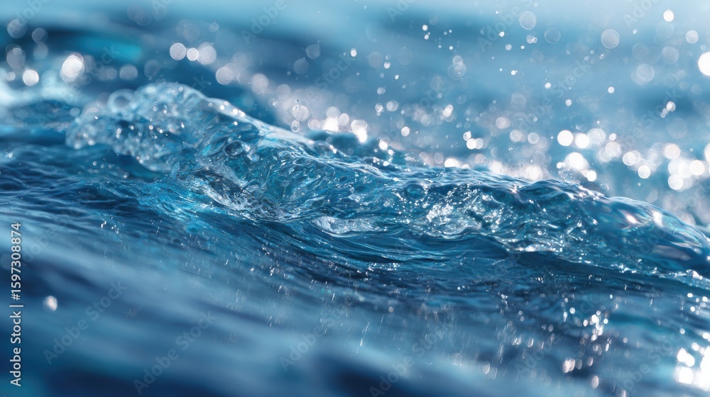 Poster shimmering blue water forms gentle waves, reflecting sunlight and creating sparkling patterns. the s