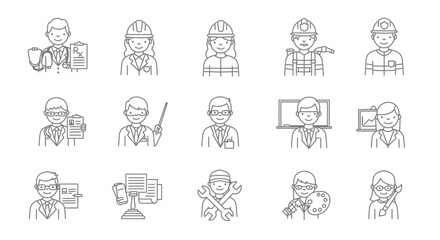 Diverse professional occupations represented in a collection of simple line icons