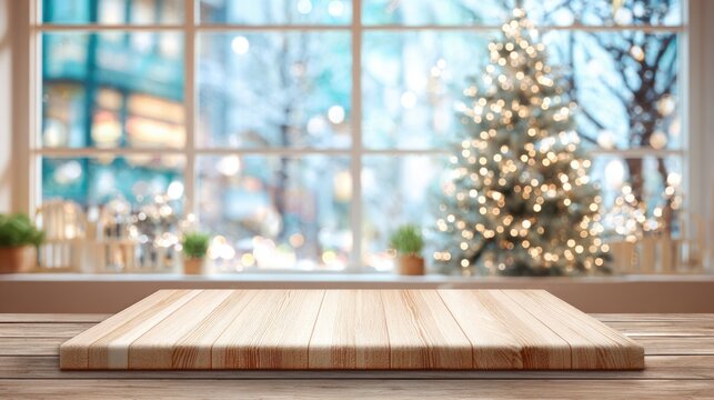 A wooden table sits in the foreground, while a beautifully lit Christmas tree adds warmth to the wintery backdrop. Soft lights twinkle outside the window, creating a cozy atmosphere.