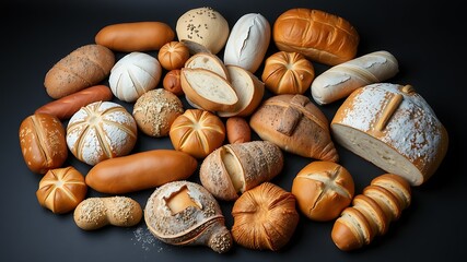 Assortment of freshly baked bread loaves and rolls displayed on a dark surface