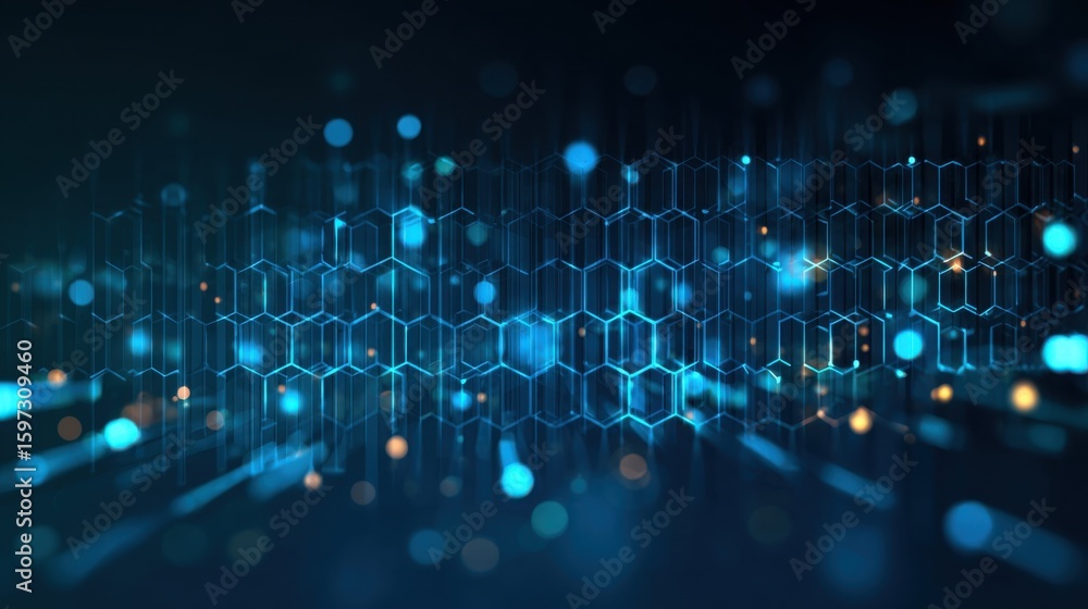 Poster glowing blue lights and hexagonal patterns create a dynamic digital abstract background, highlightin