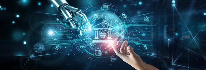 Hands of robot and human touching on banking solutions, network connection background, digital payments AI risk assessment compliance transaction security fintech automation data.