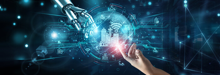 Hands of robot and human touching on smart cities innovation, network connection background, sensors automation urban mobility IoT data infrastructure connectivity integration sustainability.