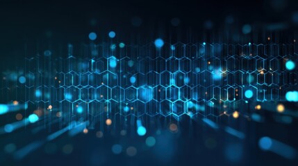 Obraz premium Glowing blue lights and hexagonal patterns create a dynamic digital abstract background, highlighting modern technology and innovation in a captivating design.