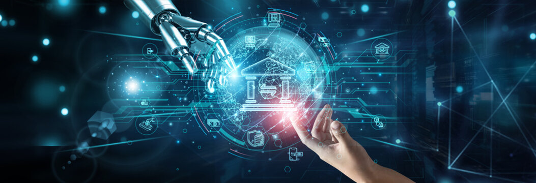 Hands of robot and human touching on banking solutions, network connection background, digital payments AI risk assessment compliance transaction security fintech automation data.