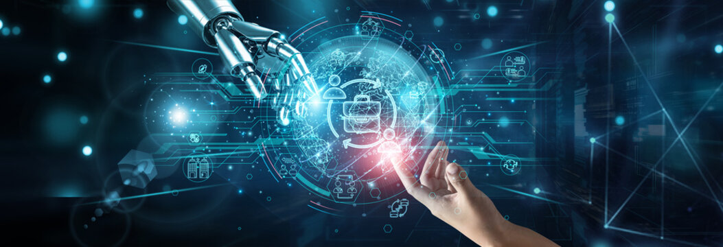 Hands of robot and human touching on B2B business strategy, network connection background, client engagement automation collaboration solutions procurement supplychain integration platform.
